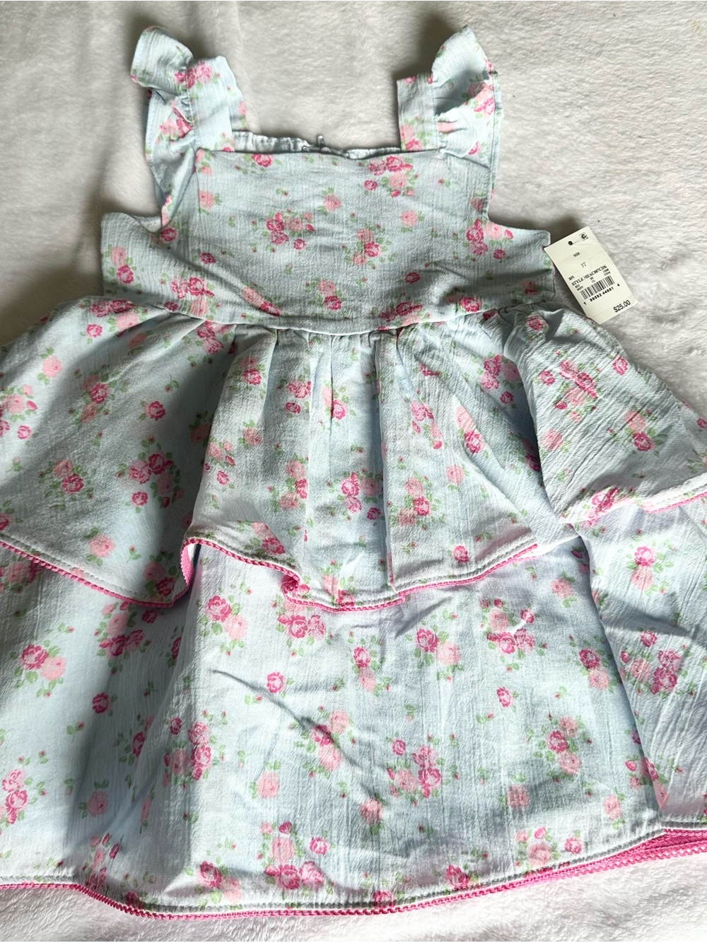 Girls Light Blue Floral Ruffle Dress with Pink Rose Print